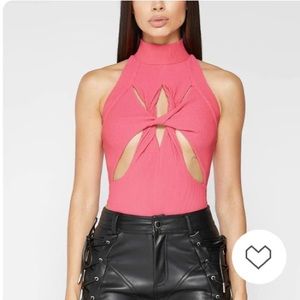 Twisted Ribbed High Neck Bodysuit - Pink